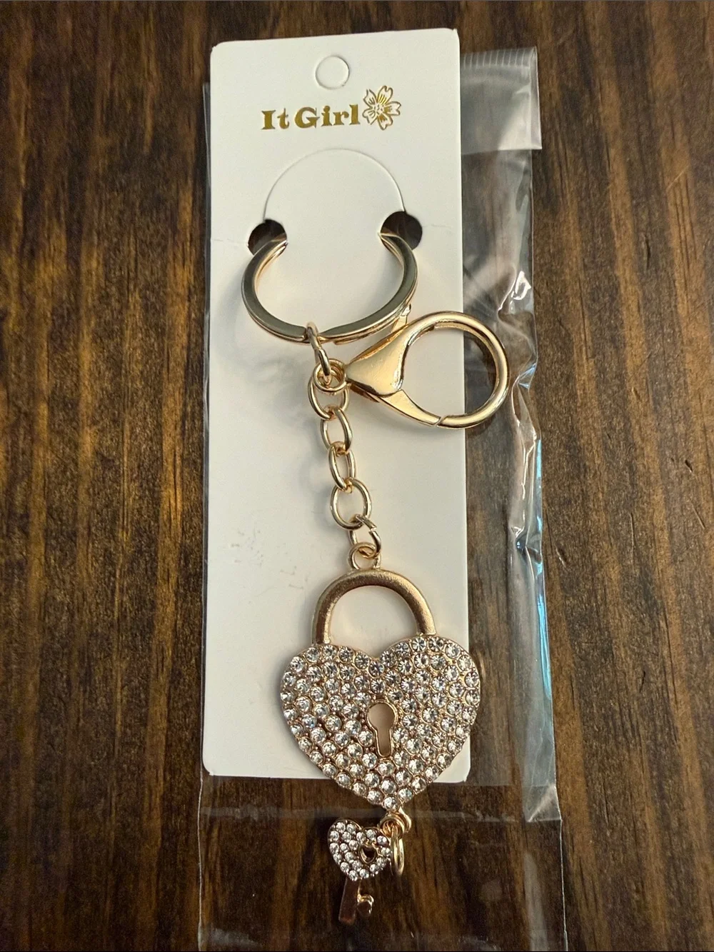 ItGirl Gold Tone Rhinestone Crystal Heart Lock Keychain Charm